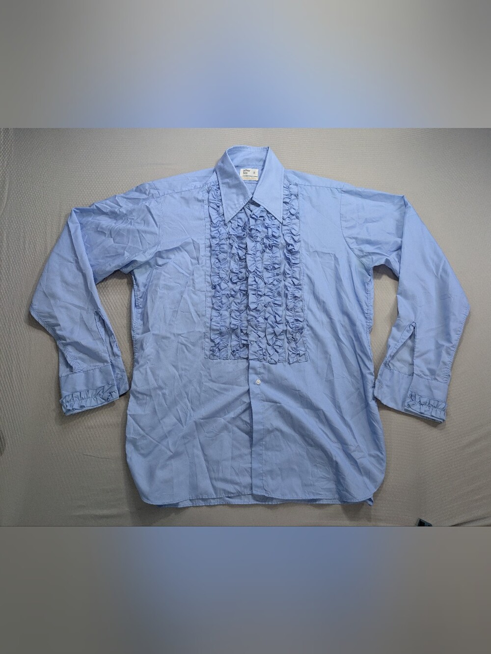 Vintage 70s After Six Men's Blue Ruffle Front Dress Shirt Long Sleeve Size 16/35